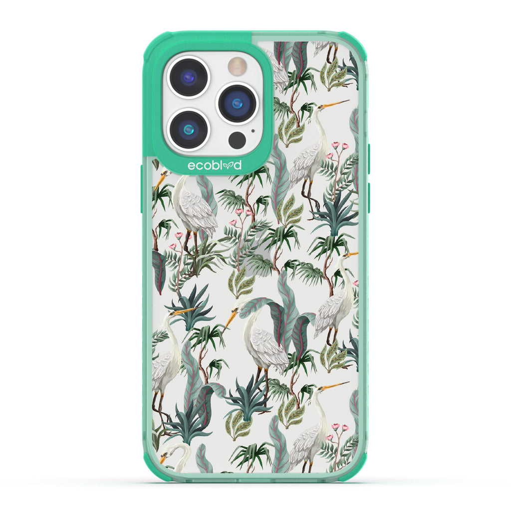 Flock Together - Green Eco-Friendly iPhone 14 Pro Case With Herons & Peonies On A Clear Back
