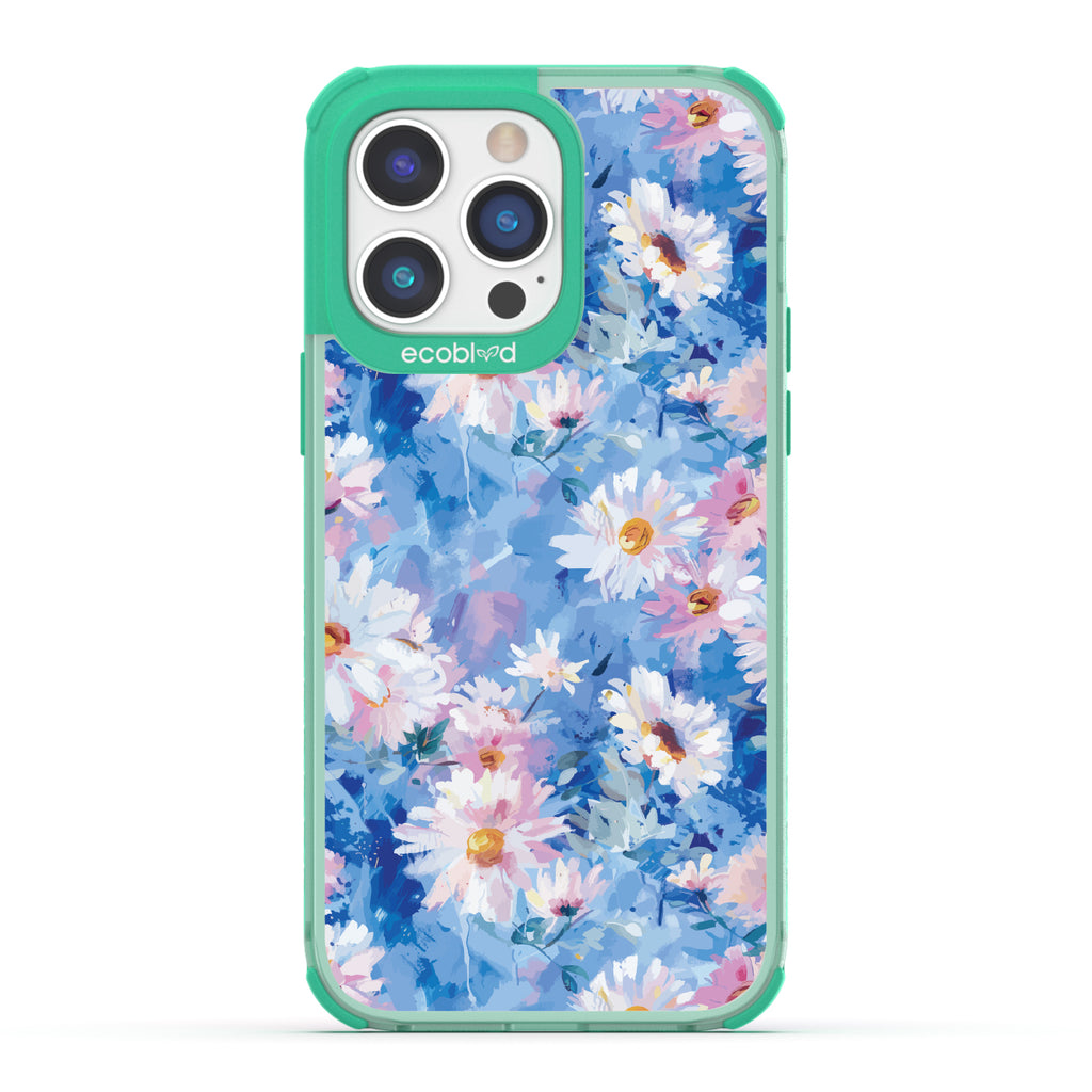 iPhone 14 Plus case, clear eco-friendly phone case with green ridges, back view, Blown Away design