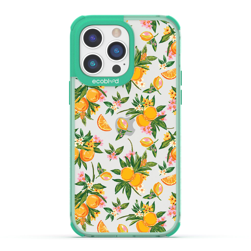 Orange Bliss - Green Eco-Friendly iPhone 14 Pro Max Case With Oranges, Orange Slices and Leaves On A Clear Back
