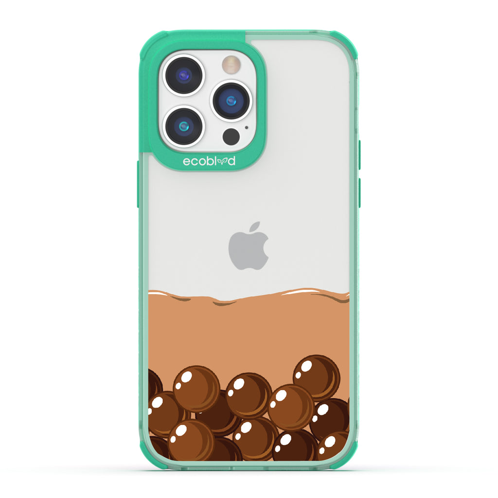 iPhone 14 Pro Max case, clear eco-friendly phone case with green ridges, back view, Brown Sugar Boba design
