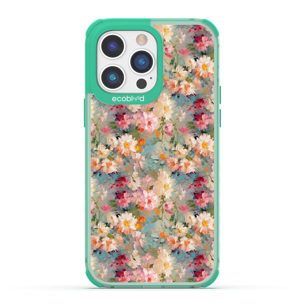 iPhone 14 Pro Max case, clear eco-friendly phone case with green ridges, back view, Perennial design