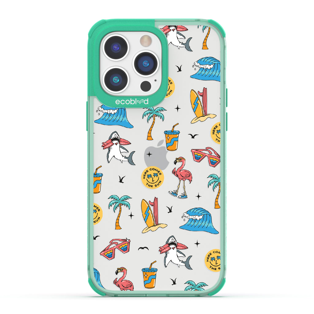 Here Comes The Sun - Green Eco-Friendly iPhone 14 Pro Case: Sunglasses, Surfboard, Waves & Beach Theme On A Clear Back