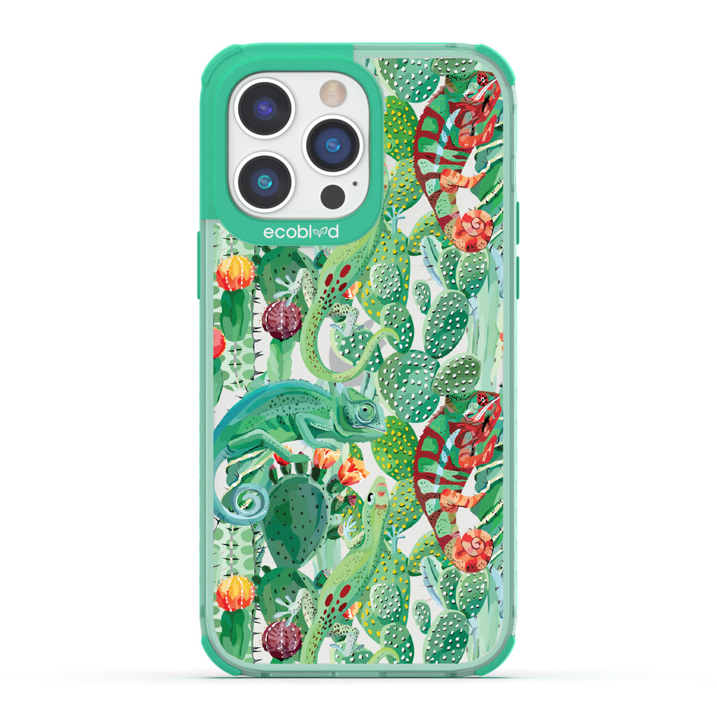 In Plain Sight - Green Eco-Friendly iPhone 14 Pro Max Case With Chameleons On Cacti On A Clear Back