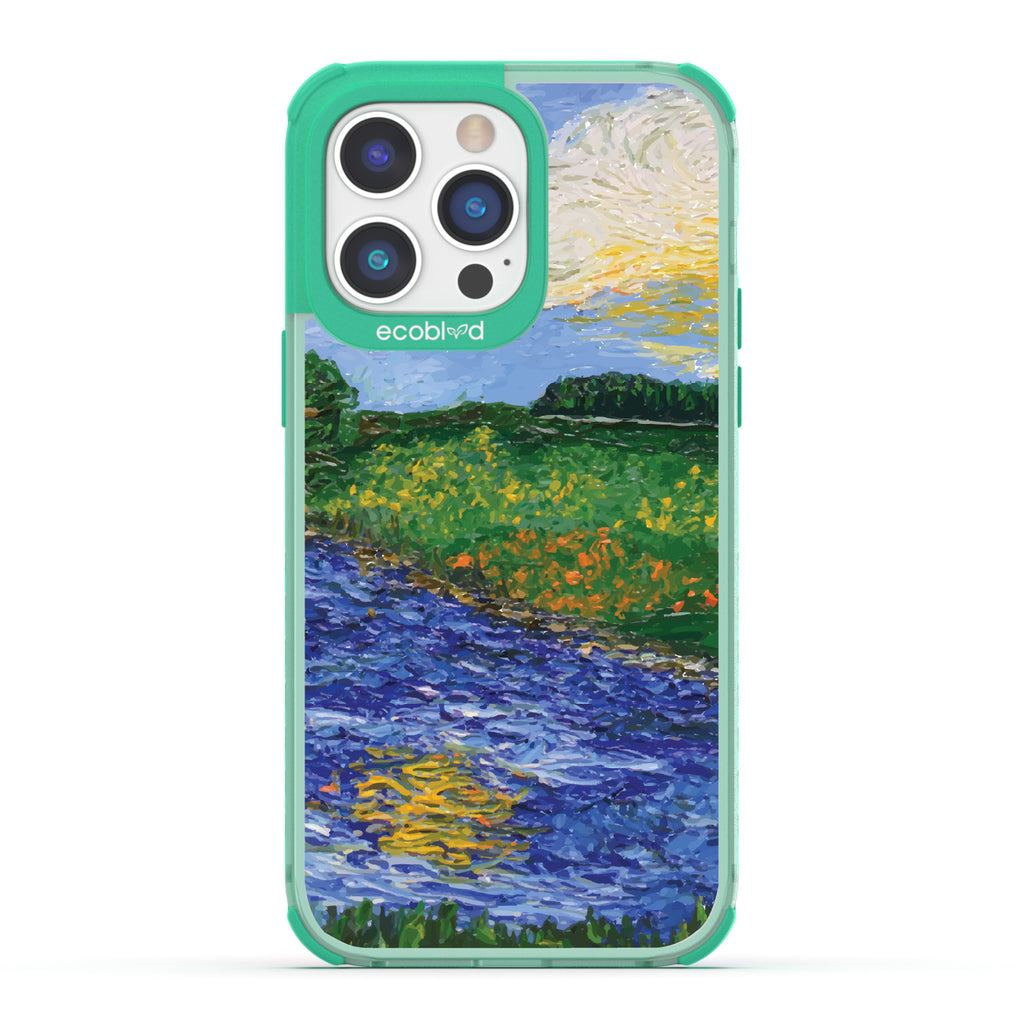 iPhone 14 Pro Max case, clear eco-friendly phone case with green ridges, back view, Field of Vision design