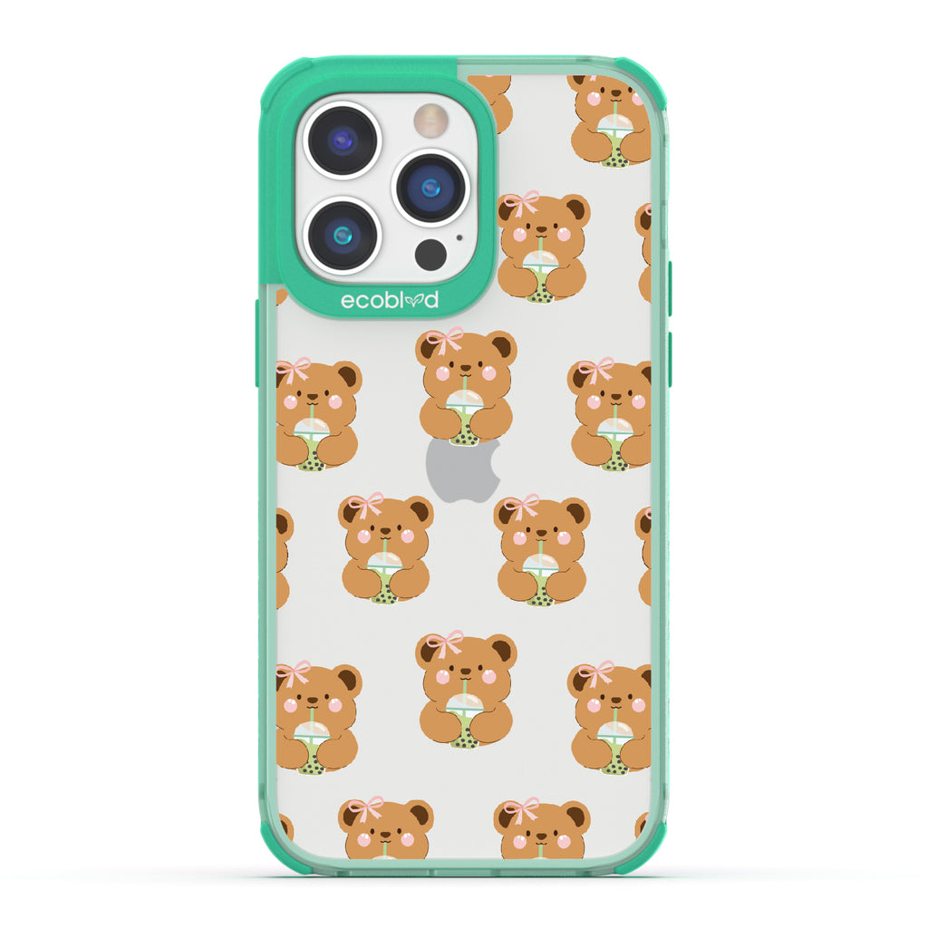 iPhone 14 Pro case, clear eco-friendly phone case with green ridges, back view, Bear-ista Approved design
