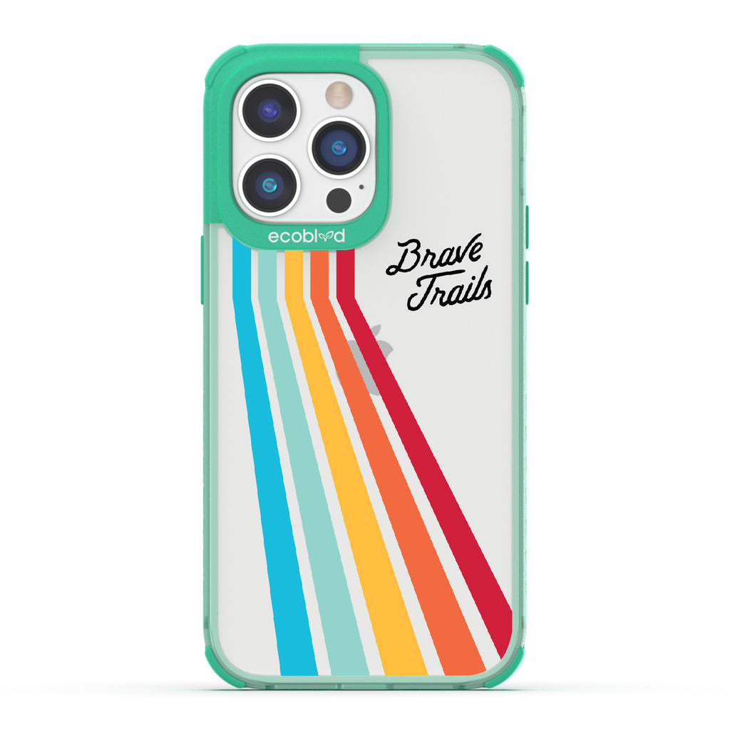 Trailblazer X Brave Trails - Green Eco-Friendly iPhone 14 Pro Max Case with Trails  In A Vibrant Spectrum Of Rainbow Colors On A Clear Back