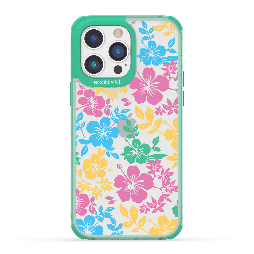Lei'd Back - Green Eco-Friendly iPhone 14 Pro Max Case With Colorful Hawaiian Hibiscus Floral Print On A Clear Back