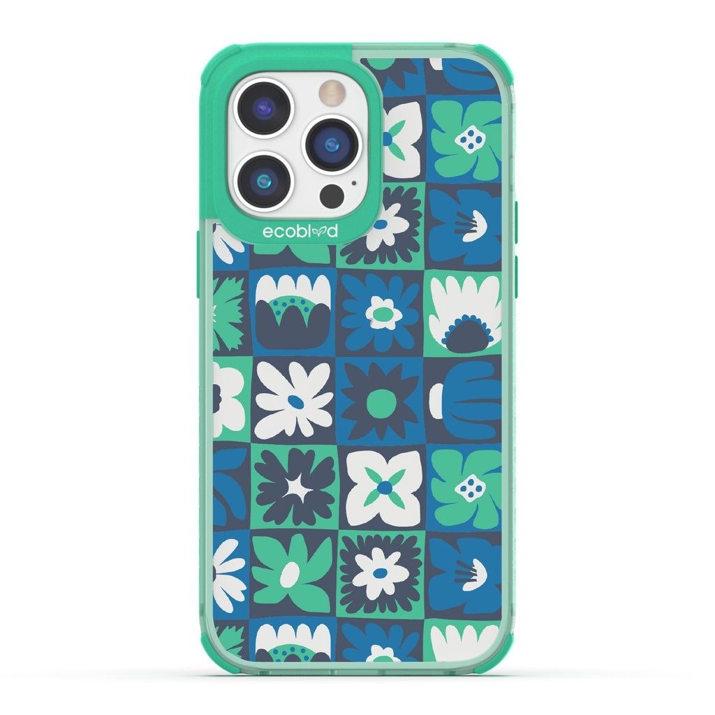 Paradise Blooms - Green Eco-Friendly iPhone 14 Pro Max Case With Tropical Floral Checker Print On A Clear Back