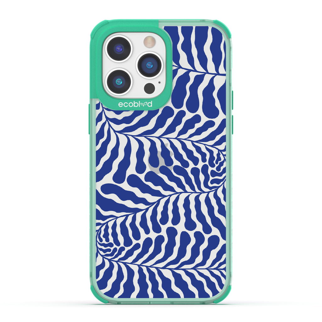 Blue Lagoon - Green Eco-Friendly iPhone 14 Pro Case With Abstract Tropical Blue Seaweed On A Clear Back