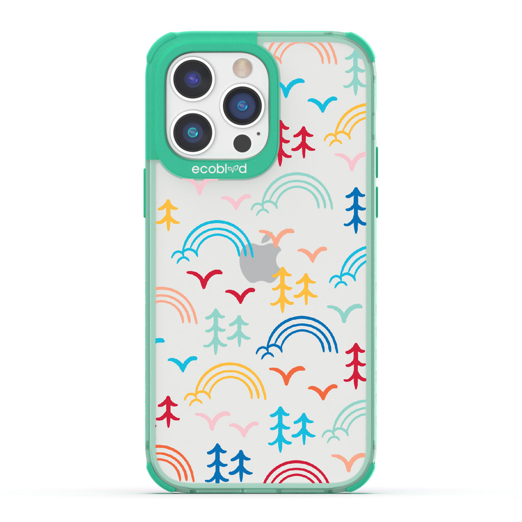 Happy Camper X Brave Trails - Green Eco-Friendly iPhone 14 Pro Case with Minimalist Trees, Birds, Rainbows On A Clear Back