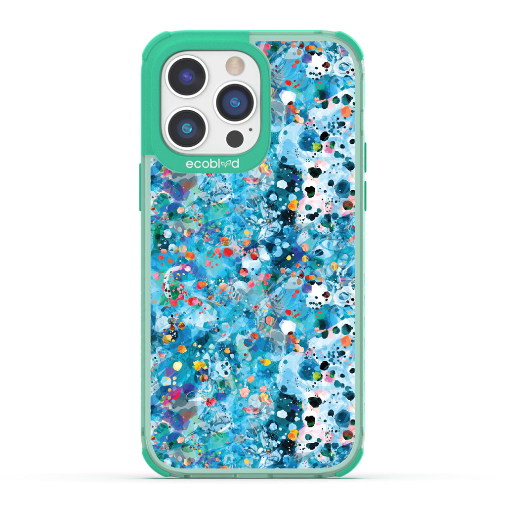 iPhone 14 Pro case, clear eco-friendly phone case with green ridges, back view, Brushed By The Tide design