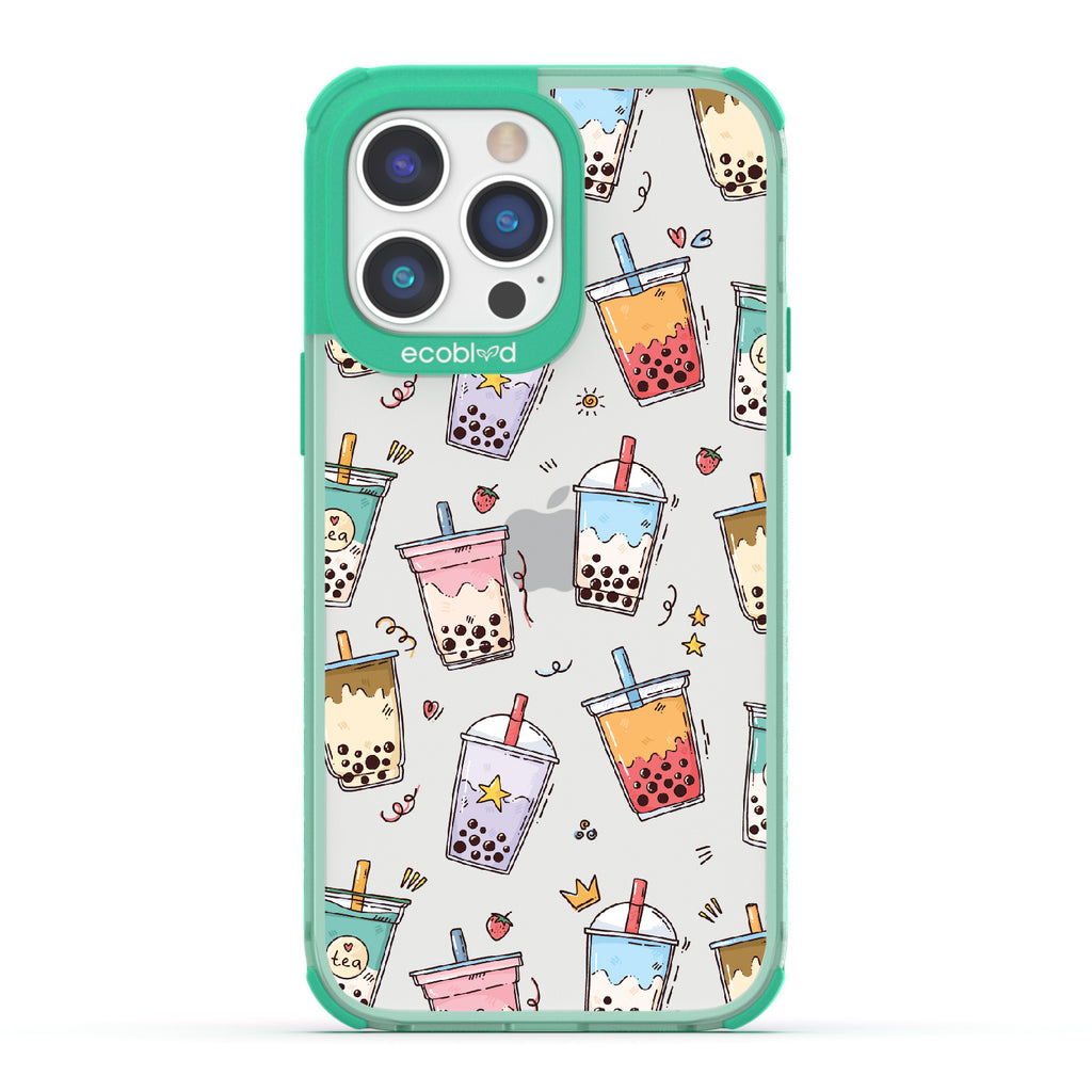 iPhone 14 Pro Max case, clear eco-friendly phone case with green ridges, back view, Best-Teas design
