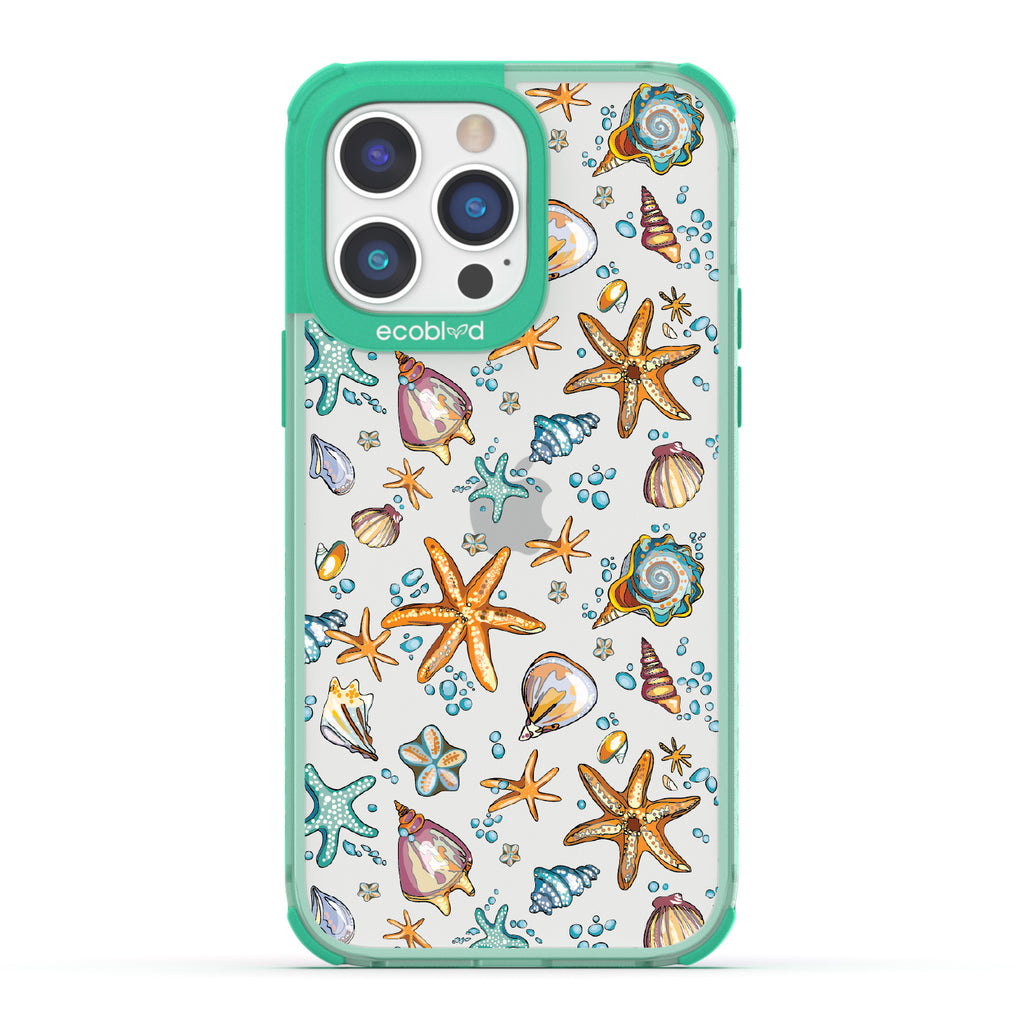 iPhone 14 Pro Max case, clear eco-friendly phone case with green ridges, back view, By The Sea Shore design