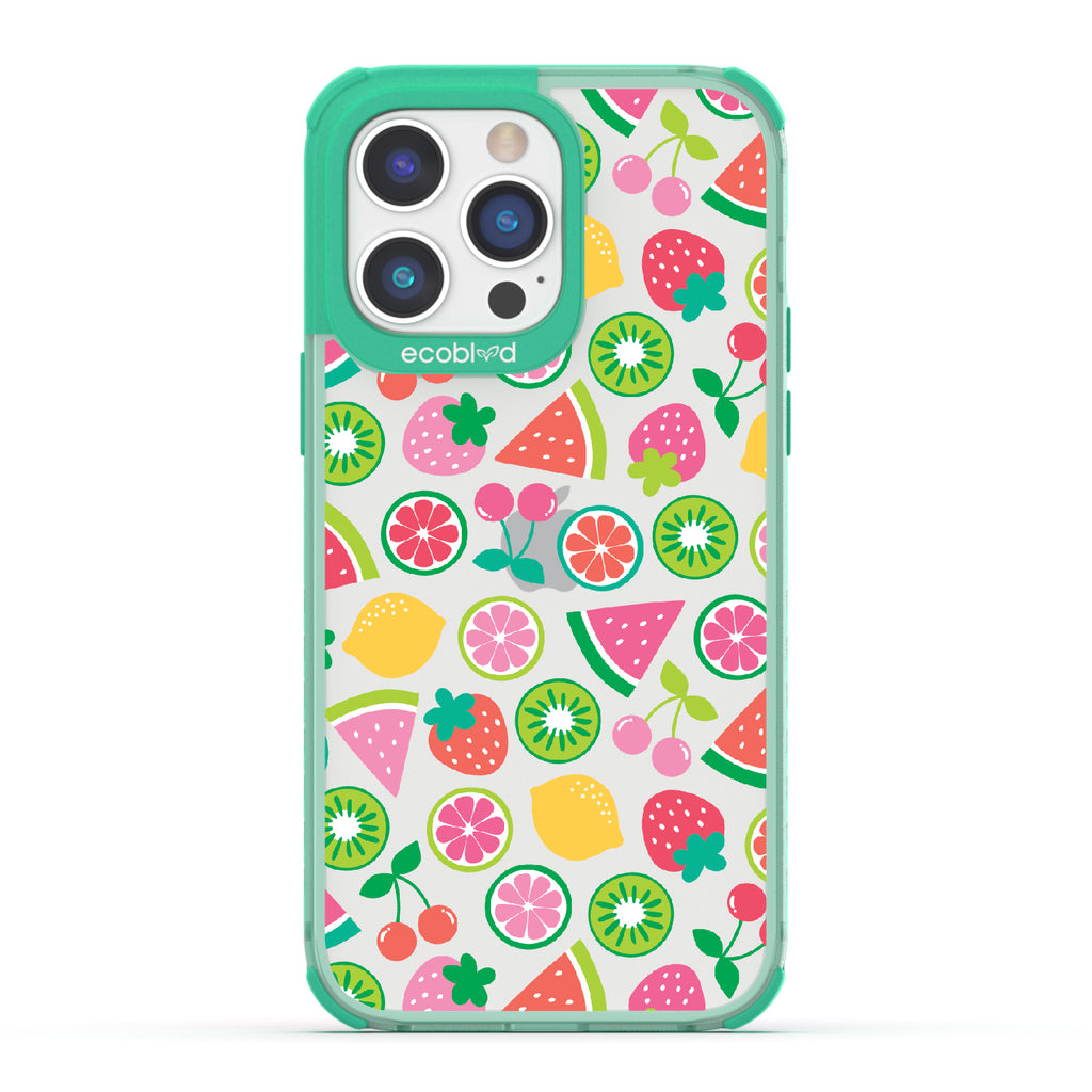 Juicy Fruit - Green Eco-Friendly iPhone 14 Pro Max Case With Various Colorful Summer Fruits On A Clear Back