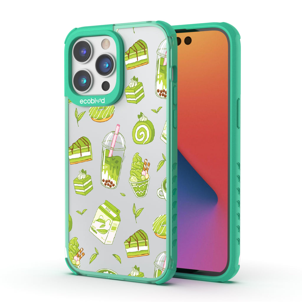 Front and back view of iPhone 14 Pro Max case, clear compostable phone case with green ridges, So Matcha More design