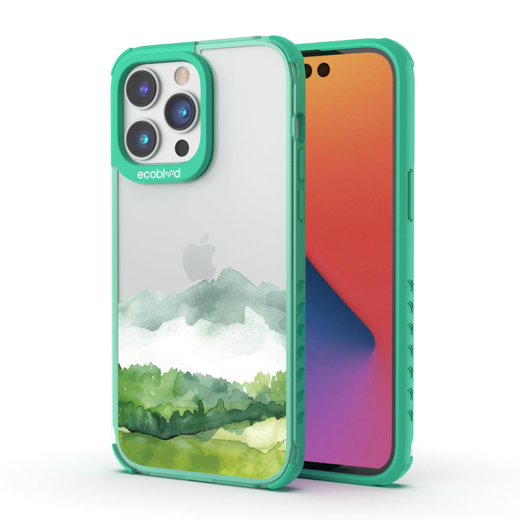 Front and back view of iPhone 14 Pro Max case, clear compostable phone case with green ridges, Open Horizon design