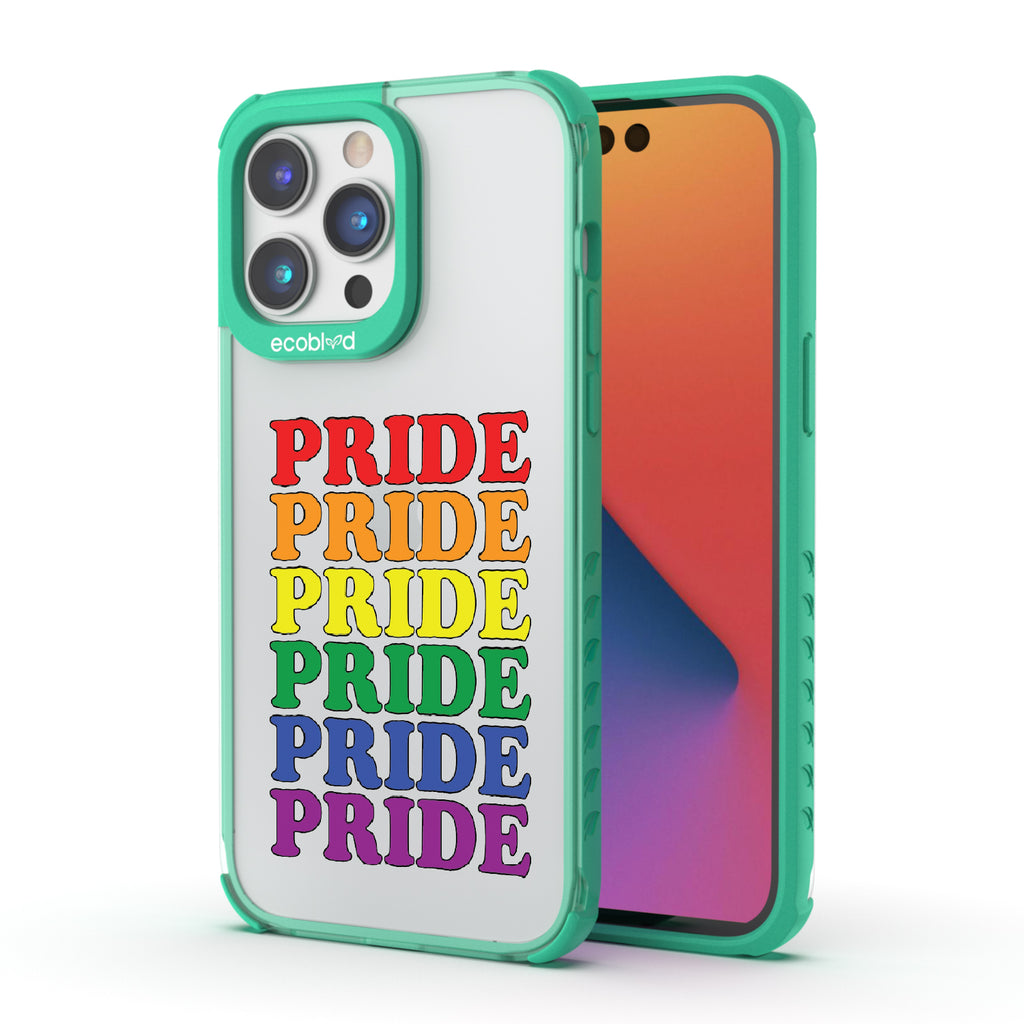 Pride Camp - Back View Of Green & Clear Eco-Friendly iPhone 14 Pro Max Case & A Front View Of The Screen