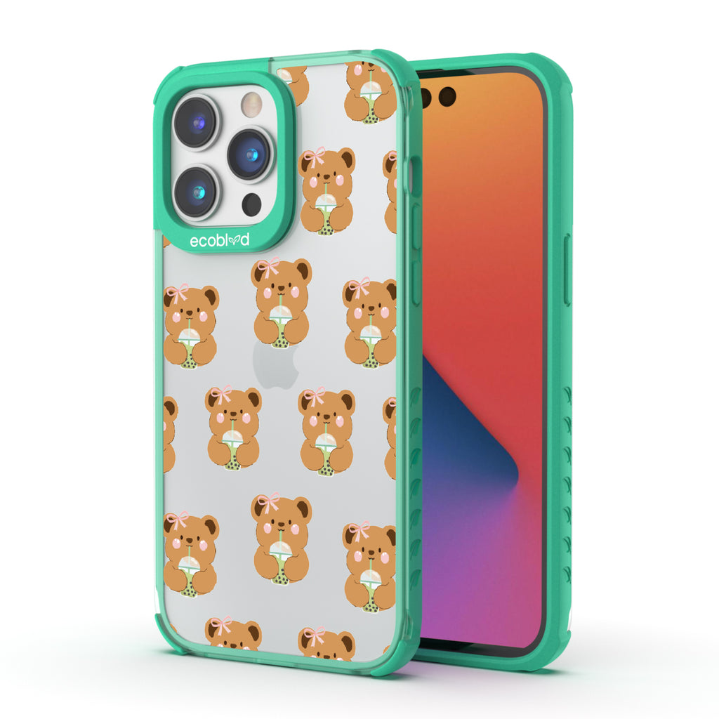 Front and back view of iPhone 14 Pro case, clear compostable phone case with green ridges, Bear-ista Approved design