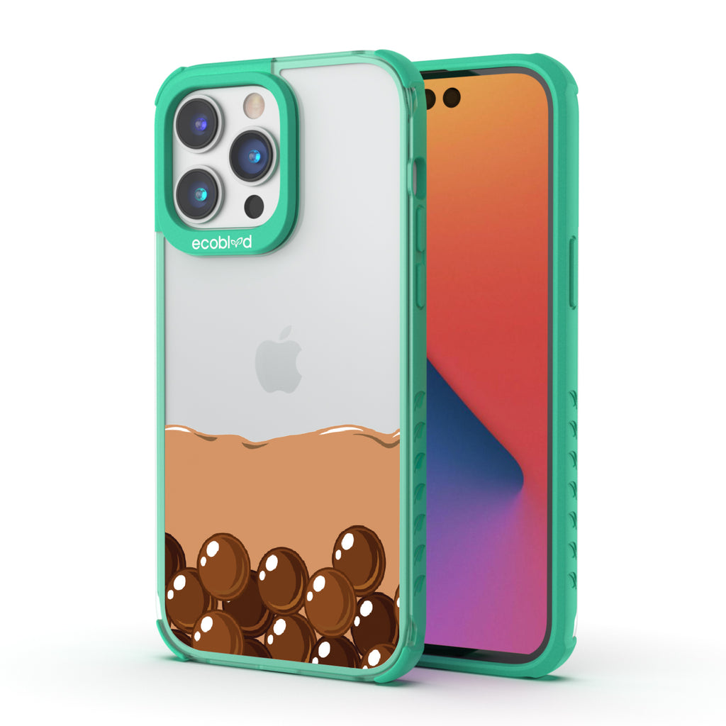 Front and back view of iPhone 14 Pro Max case, clear compostable phone case with green ridges, Brown Sugar Boba design