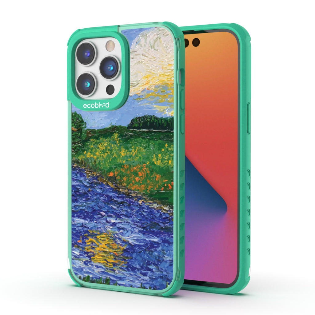 Front and back view of iPhone 14 Pro Max case, clear compostable phone case with green ridges, Field of Vision design
