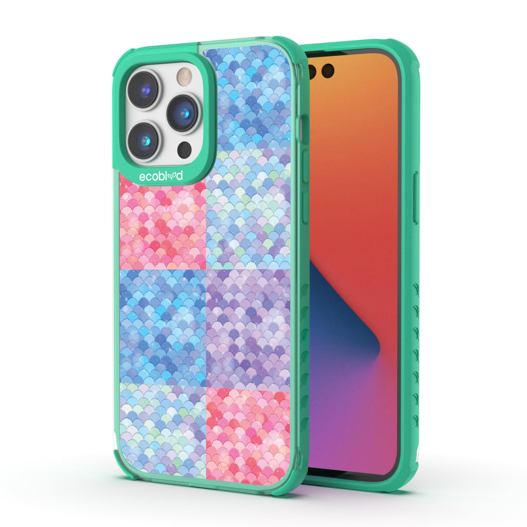 Front and back view of iPhone 14 Pro Max case, clear compostable phone case with green ridges, Coastal Treasures design