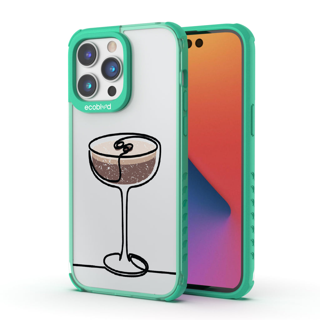 Front and back view of iPhone 14 Pro Max case, clear compostable phone case with green ridges, Brewtini design