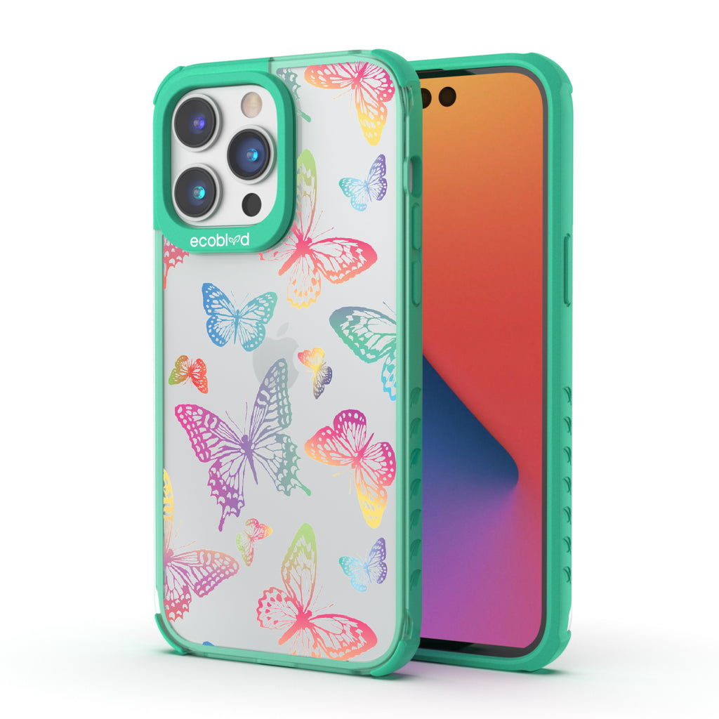 Butterfly Effect - Back View Of Green & Clear Eco-Friendly iPhone 14 Pro Max Case & A Front View Of The Screen