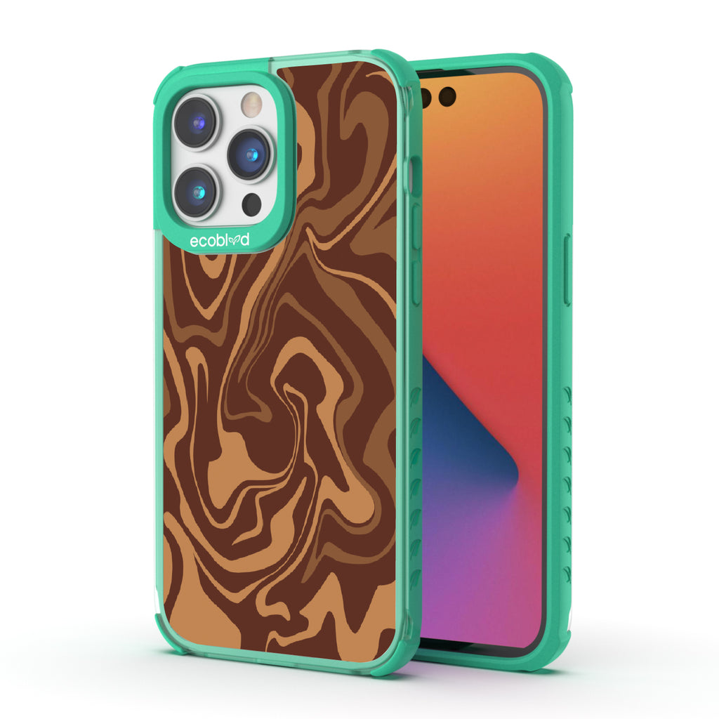 Front and back view of iPhone 14 Pro Max case, clear compostable phone case with green ridges, Stirred & Swirled design