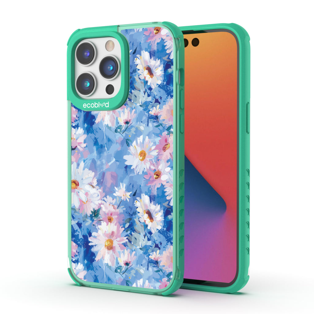 Front and back view of iPhone 14 Pro Max case, clear compostable phone case with green ridges, Blown Away design