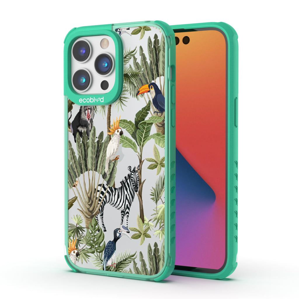 Toucan Play That Game - Back View Of Green & Clear Eco-Friendly iPhone 14 Pro Case & A Front View Of The Screen