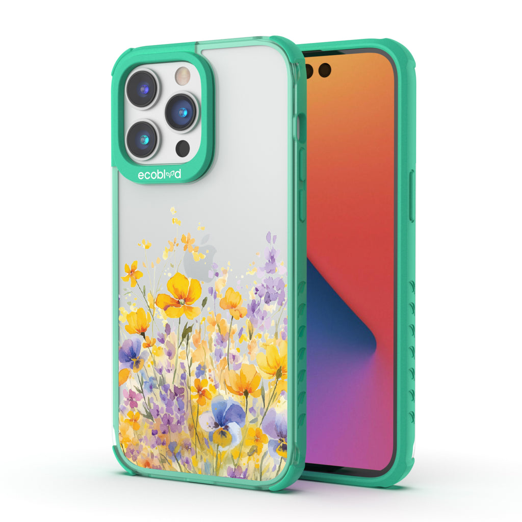 Front and back view of iPhone 14 Pro Max case, clear compostable phone case with green ridges, Meadowlight design