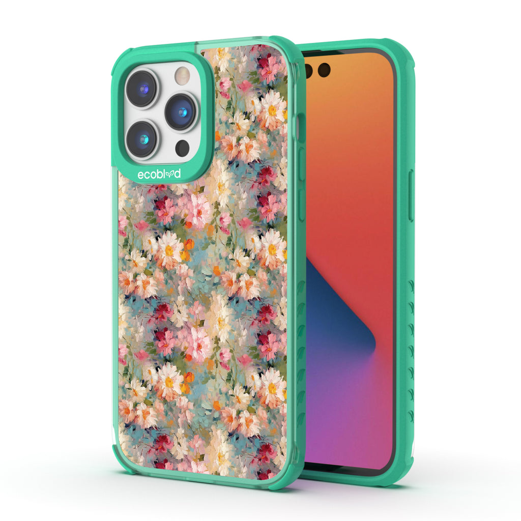 Front and back view of iPhone 14 Pro Max case, clear compostable phone case with green ridges, Perennial design