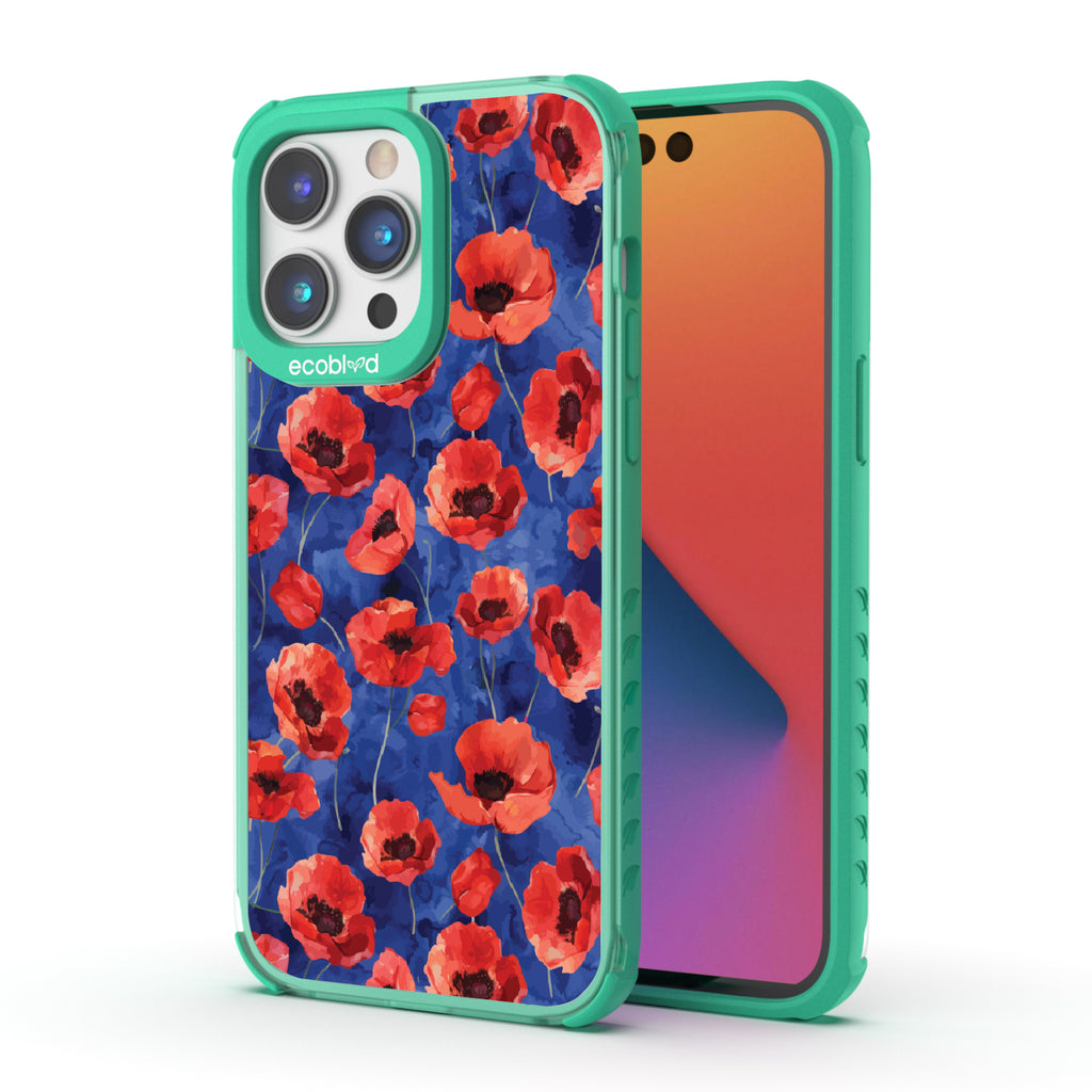 Front and back view of iPhone 14 Pro case, clear compostable phone case with green ridges, Dream Bouquet design