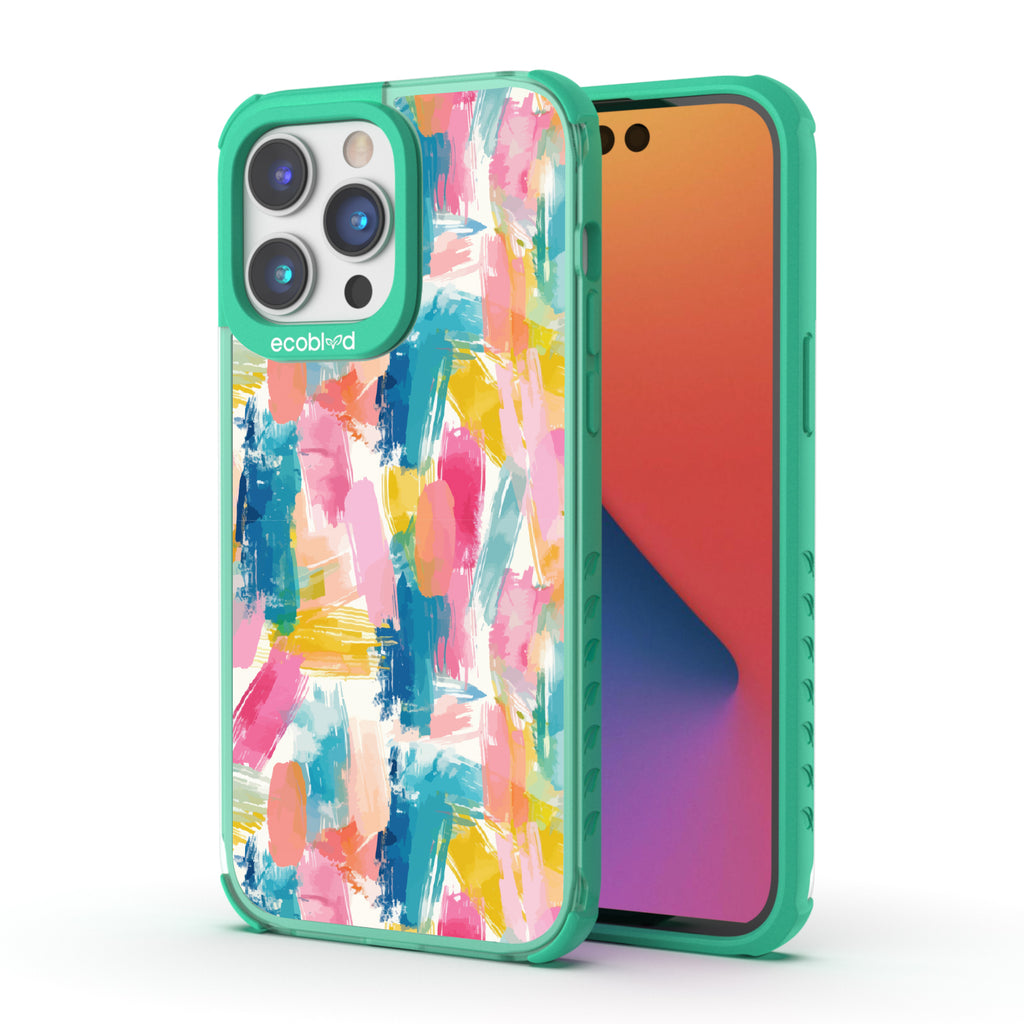 Front and back view of iPhone 14 Pro case, clear compostable phone case with green ridges, Blurred Beauty design