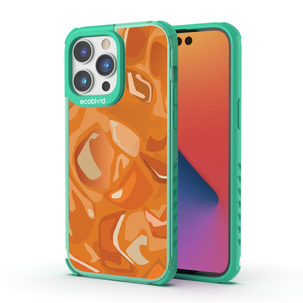 Front and back view of iPhone 14 Pro Max case, clear compostable phone case with green ridges, Cream & Sugar design