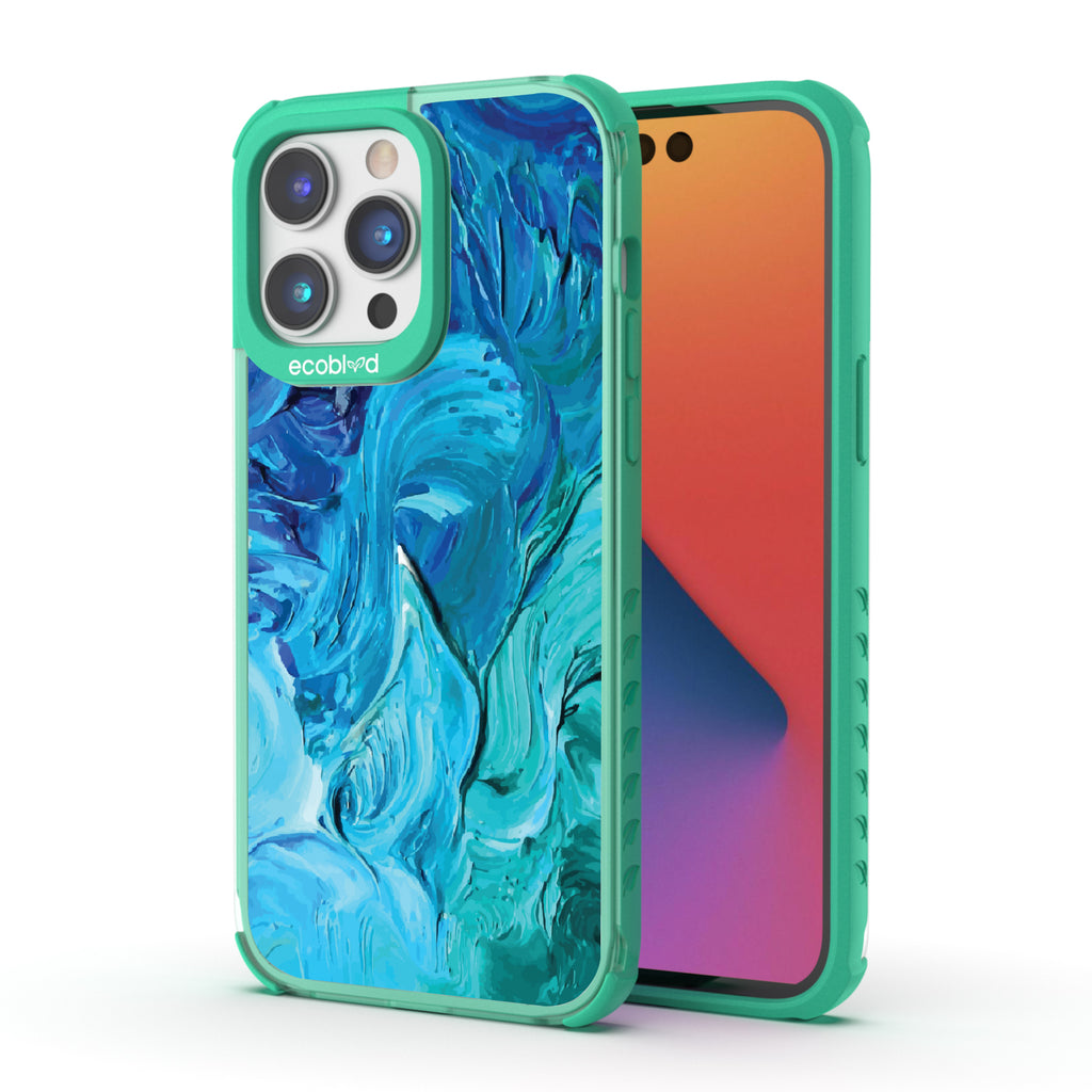 Front and back view of iPhone 14 Pro Max case, clear compostable phone case with green ridges, Oceanswept design