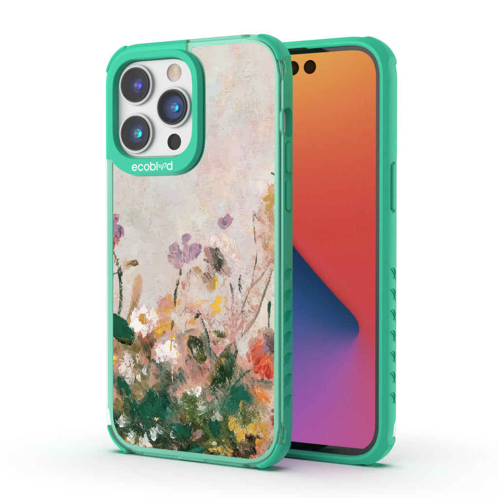 Front and back view of iPhone 14 Pro Max case, clear compostable phone case with green ridges, Wild Grace design