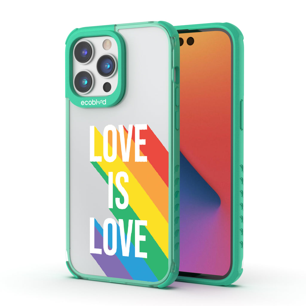 Spectrum Of Love - Back View Of Green & Clear Eco-Friendly iPhone 14 Pro Case & A Front View Of The Screen