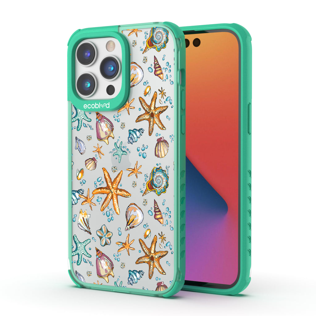 Front and back view of iPhone 14 Pro Max case, clear compostable phone case with green ridges, By The Sea Shore design