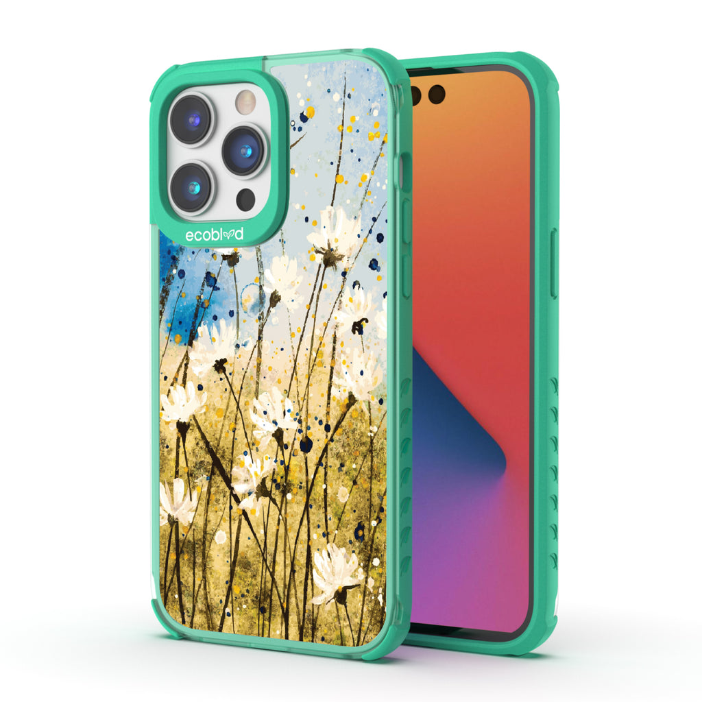 Front and back view of iPhone 14 Pro Max case, clear compostable phone case with green ridges, Dandelion Dance design
