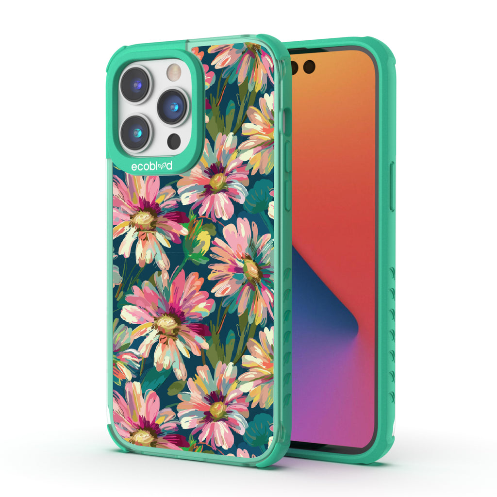 Front and back view of iPhone 14 Pro Max case, clear compostable phone case with green ridges, Daisy Dusk design