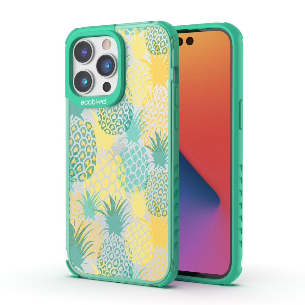 Pineapple Breeze - Back View Of Green & Clear Eco-Friendly iPhone 14 Pro Case & A Front View Of The Screen