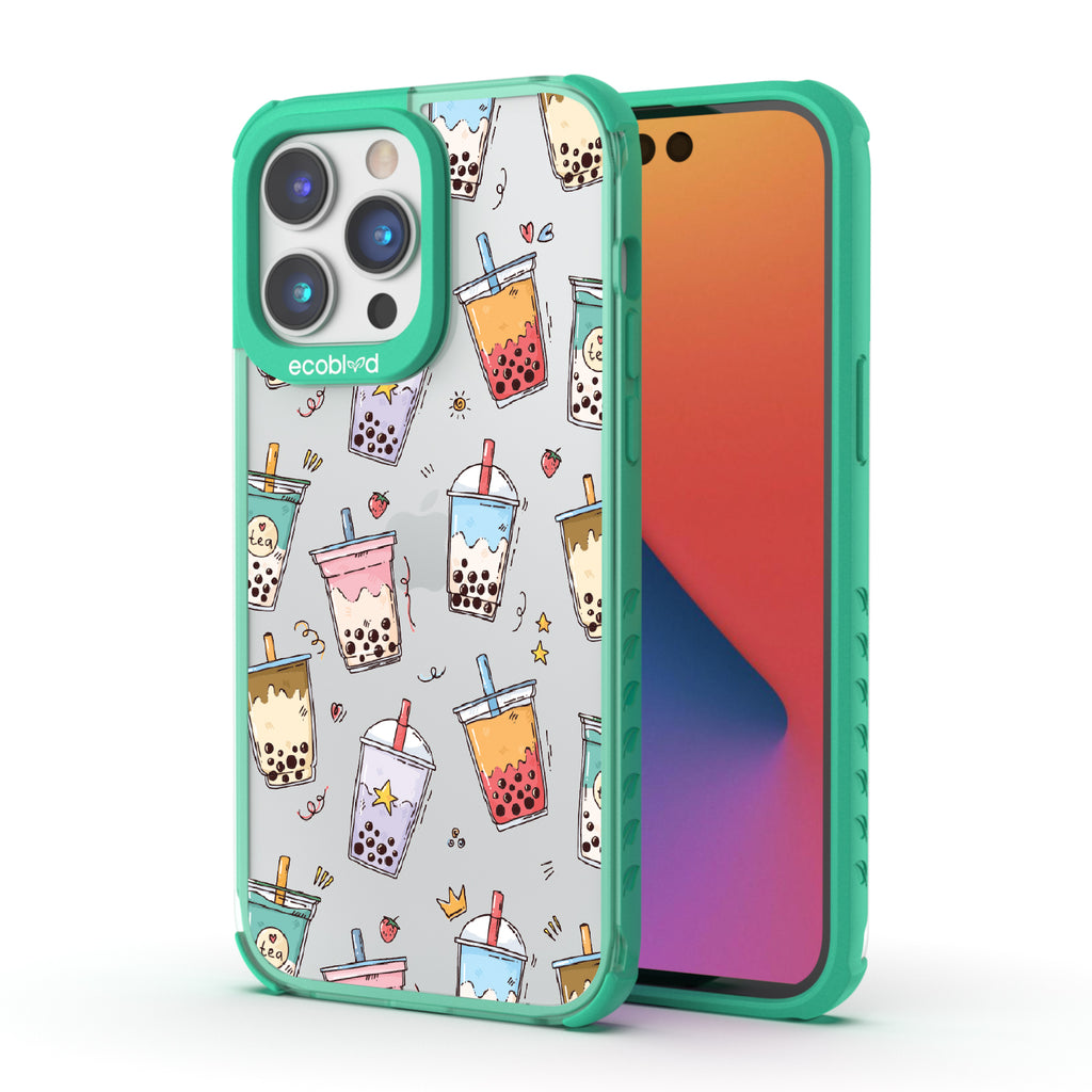 Front and back view of iPhone 14 Pro Max case, clear compostable phone case with green ridges, Best-Teas design