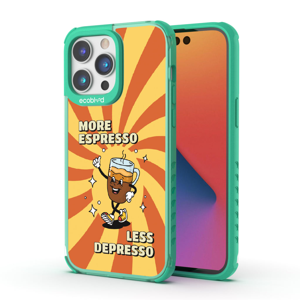 Front and back view of iPhone 14 Pro Max case, clear compostable phone case with green ridges, More Espresso  design