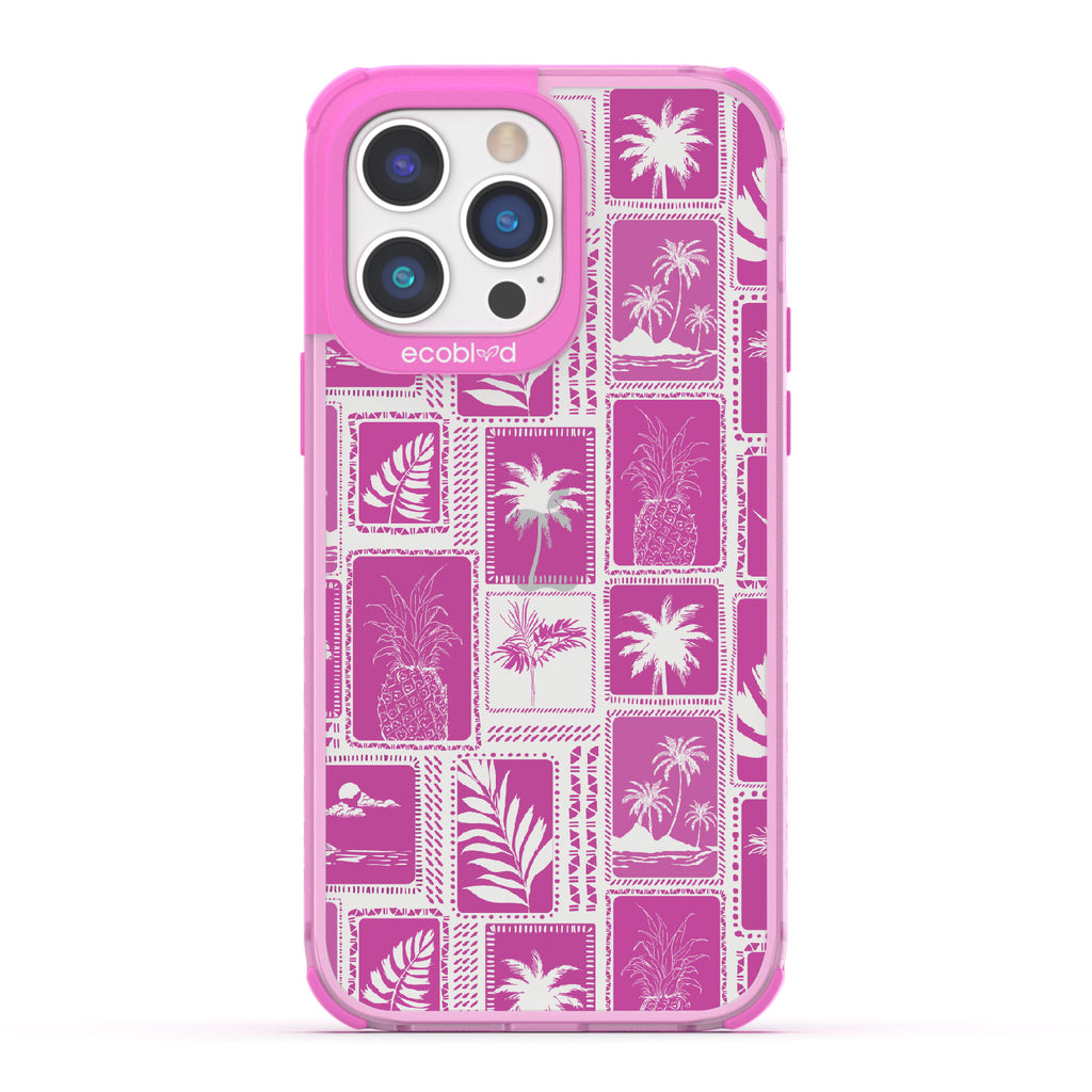 Oasis - Pink Eco-Friendly iPhone 14 Pro Case With Tropical Shirt Palm Trees & Pineapple Print On A Clear Back
