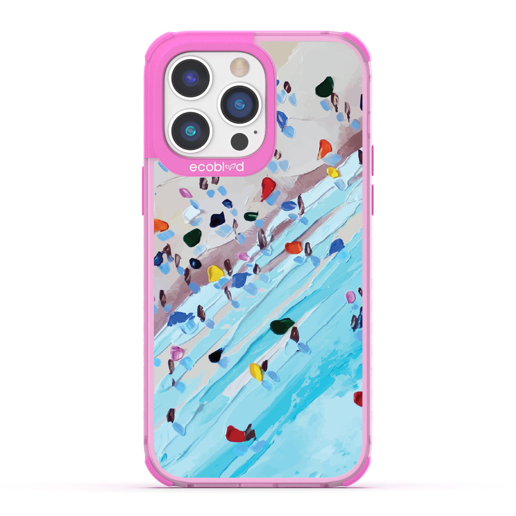 iPhone 14 Pro Max case, clear eco-friendly phone case with pink ridges, back view, Waves of Color design