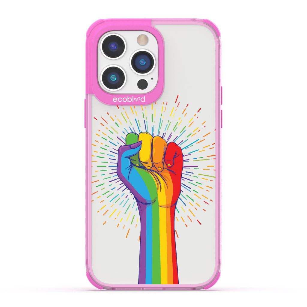 Rise With Pride - Pink Eco-Friendly iPhone 14 Pro Max Case With Raised Fist In Rainbow Colors On A Clear Back