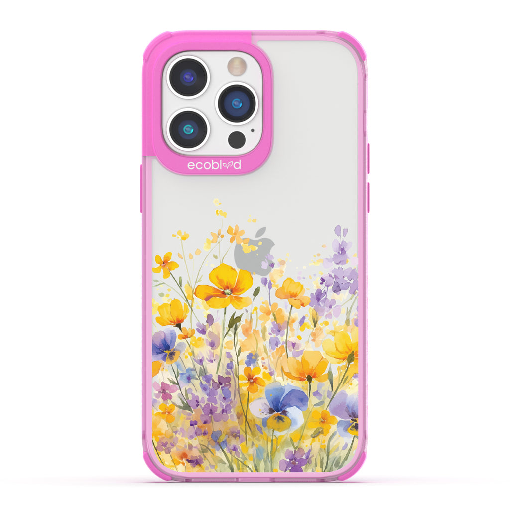 iPhone 14 Pro Max case, clear eco-friendly phone case with pink ridges, back view, Meadowlight design
