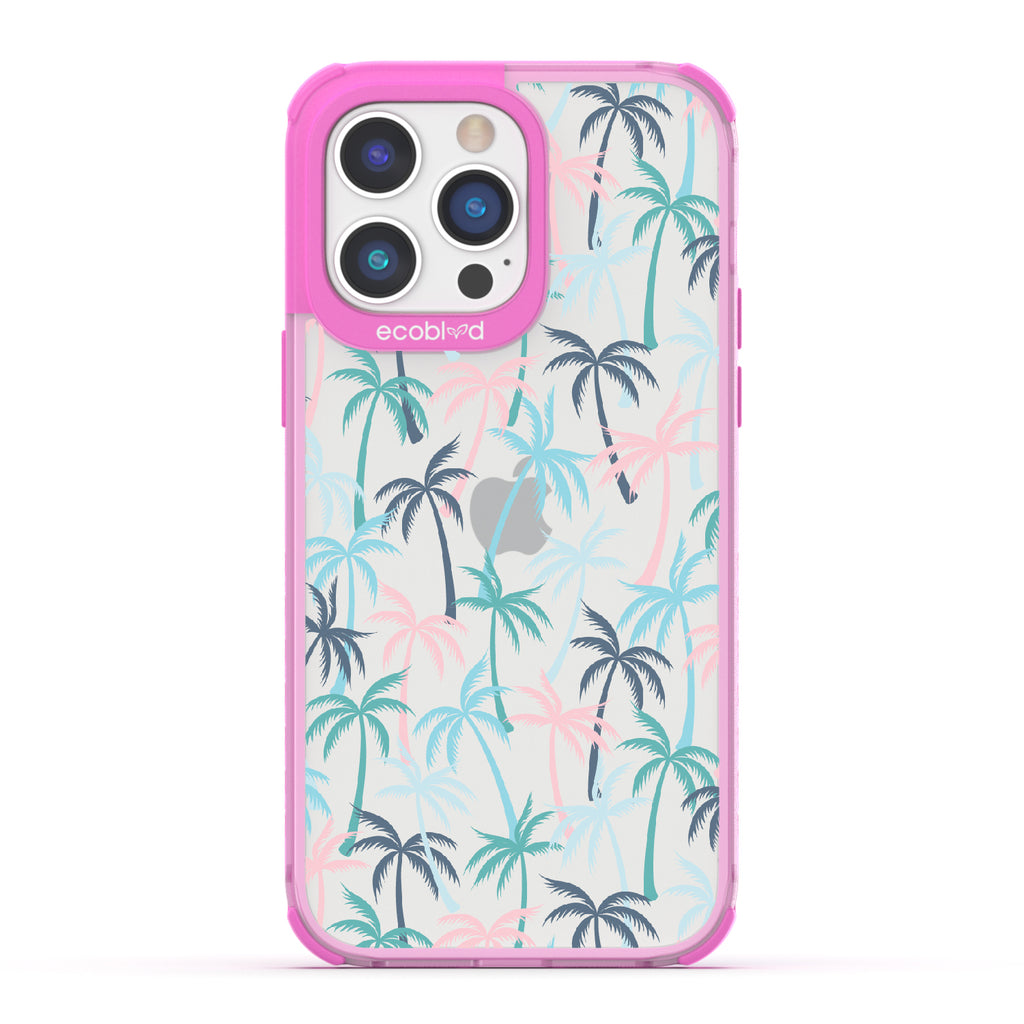 Cruel Summer - Pink Eco-Friendly iPhone 14 Pro Case With Hotline Miami Colored Tropical Palm Trees On A Clear Back