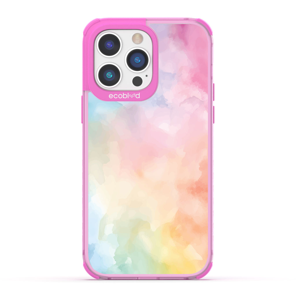 iPhone 14 Pro Max case, clear eco-friendly phone case with pink ridges, back view, Painted Skies design